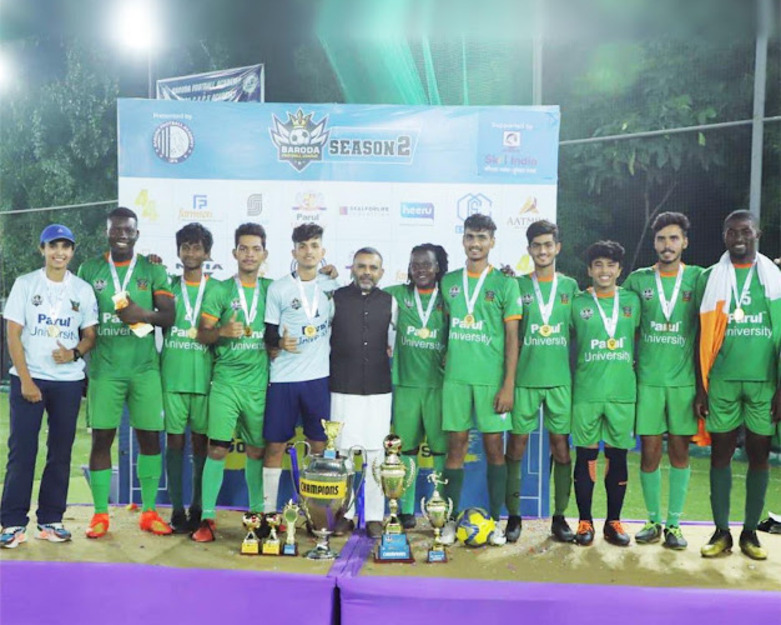 PU’s soccer team wins the Baroda football league and secures a cash prize of Rs 1,00,000